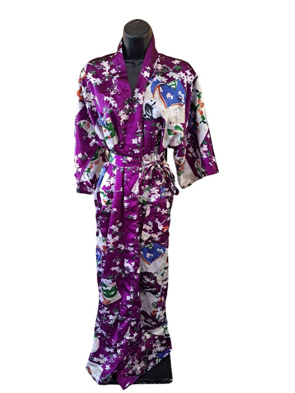 Oriental Silky Purple Kimono Robe Cherry Blossom Geisha Long Sleeves Tie S/M